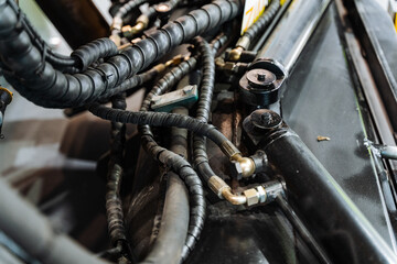 a close up of a hydraulic system on a vehicle