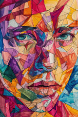 A painting depicting a mans face, created using vibrant and colorful triangles in various shades, forming a unique and abstract portrait