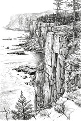Fototapeta na wymiar A detailed pencil sketch of a rugged cliff overlooking the vast ocean, capturing the dynamic contrast between land and sea