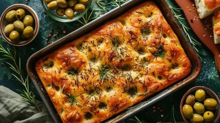 Freshly baked Italian focaccia bread with herbs and olives on top
