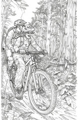 Two individuals cycling through a dense wooded area on a bicycle
