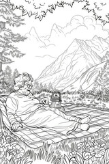 Coloring page of person lounges on a blanket amidst flowers, with scenic mountains in the background