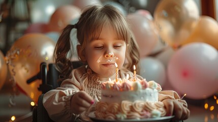 A cute 5 year old girl with a disability in a wheelchair holds a cake surrounded by colorful balloons - obrazy, fototapety, plakaty
