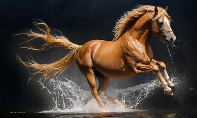 This stunning image captures a chestnut horse with its mane flowing freely, surrounded by explosive water splashes. AI generation