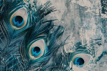 Vibrant peacock feathers rest on a textured surface, radiating exotic elegance.