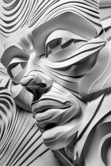 A striking black and white sculpture depicting the detailed features of a mans face