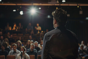 A speaker engaging an audience, backlit under the bright stage spotlight.