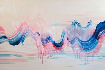 An abstract painting with undulating lines of pink and blue evoking a sense of motion.