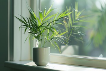Potted palm plant basking in warm sunlight on a calming windowsill.