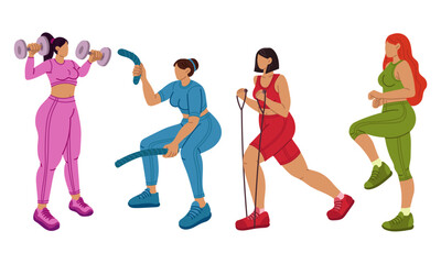 Set of girls who are full of sports with sports equipment. Girl is engaged in sports. Dynamic exercises. She does fitness in a tight-fitting tracksuit. Sports with exercise equipment. Women's training