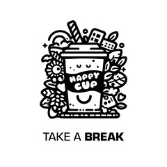 Happy cup with lots of leaves around and a caption below: TAKE A BREAK. Black and white vector illustration