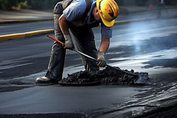 Construction worker in high-visibility gear meticulously spreads asphalt during road repair work. Generative ai