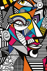 A painting depicting the abstract portrait of a mans face, surrounded by intricate lines and geometric shapes in a vivid display of modern art