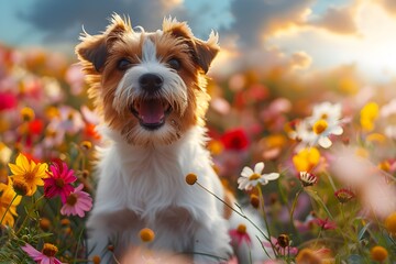 A playful puppy frolicking in a sun-dappled meadow filled with wildflowers. 