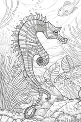 Coloring page of sea horse gracefully swimming in the deep blue ocean among coral reefs and sea plants