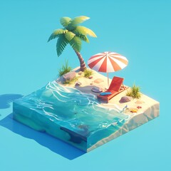 isometric 3d travel and summer beach vacation relax illustration. Deck chair on sandy sea beach, palm tree, flip-flops and beach ball - obrazy, fototapety, plakaty