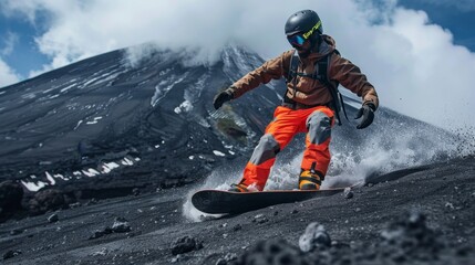 Snowboarder Descending Ash-Covered Slopes of Active Volcano