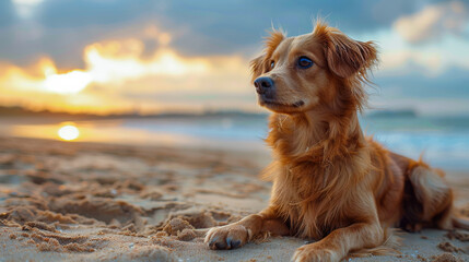A cute dog is relaxing on the beach