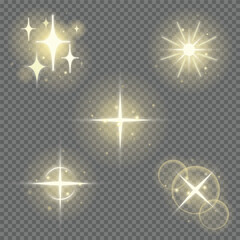 Blink light effect set. Soft golden glow, Star shining blinks with highlight effect. Magic shine bright flare. Shiny glitter effect glare. Vector illustration of blinking star.