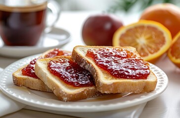 Toasts with mermelade on a plate with fruits
