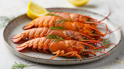 Cooked whole lobsters on a plate with lemon and herbs, seafood dinner concept.