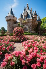 Fairytale castle in the park with red roses and blue sky
