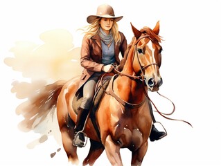 Watercolor of the woman Horseback Riding clipart, on a white background, hyper realistic watercolor painting