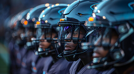 A line of focused football players in helmets ready for a game, with evening lights creating a bokeh effect - obrazy, fototapety, plakaty