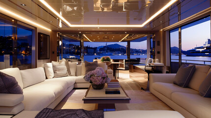 This image captures the opulent interior of a yacht during twilight with comfortable seating and ocean views
