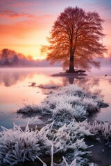 Frozen tree on the shore of a lake at sunrise in winter