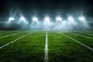 A dramatic American football field illuminated by bright stadium lights, creating sharp contrasts between light and shadow showcasing the green grass and white lines under a dark night sky.