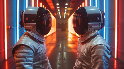 Two astronauts with modern helmets stand back-to-back in a vibrant, neon-lit corridor, exuding a sci-fi atmosphere