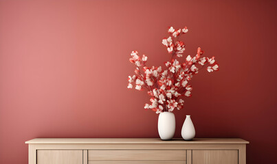 Cup of coffee with sakura flowers in vase on wooden cabinet - 3d rendering