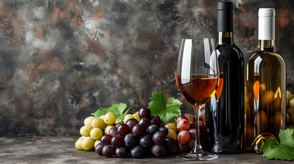 Obraz premium Elegant wine tasting setup with bottles, glasses, and grapes on a rustic table with a dark backdrop.