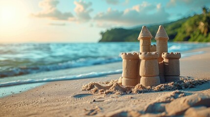 Enchanting Sandcastle Creation on Picturesque Beach with Serene Ocean Backdrop - obrazy, fototapety, plakaty