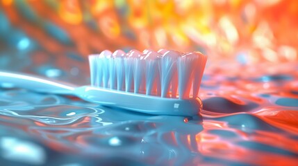 Vivid toothbrush on water ripple surface: close-up of an accessory for oral hygiene and dental health with colorful bristles on a reflective water surface with vibrant backdrop