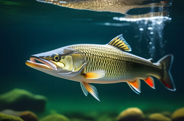 Fototapeta premium Freshwater pike in the water. Fishing concept. Background with selective focus.
