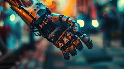 A close-up of a robotic prosthetic arm against an urban backdrop. Living with a disability - obrazy, fototapety, plakaty