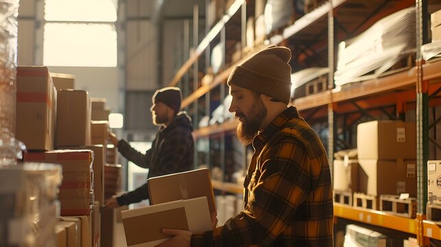 Warehouse workers in action, organizing stock efficiently. Men in a storeroom, logistics and distribution team at work. Industrial environment setting. Focus on the task. AI