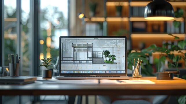 Digital design through architectural design software on transparent laptop screen with documents and design plan on office desk - technology and traditional design method.