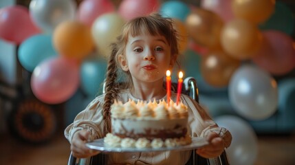 A cute 5 year old girl with a disability in a wheelchair holds a cake surrounded by colorful balloons