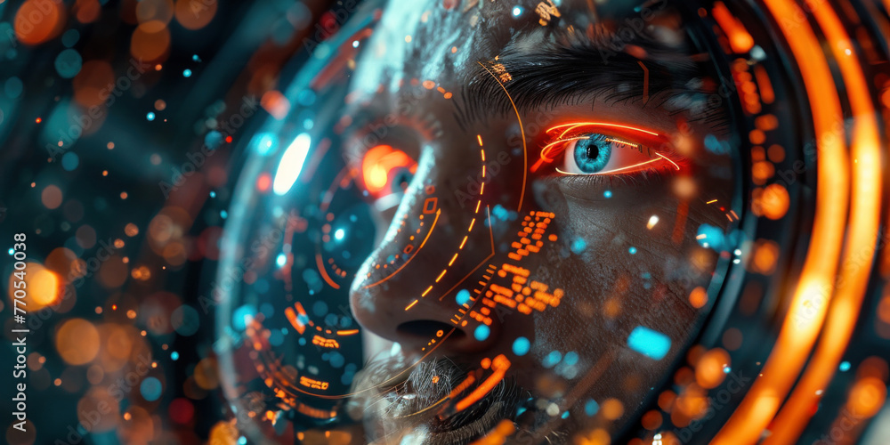 Aufkleber a man with hacker eyes is reflected in a futuristic mirror.
