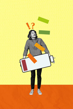 Trend artwork composite sketch photo collage of silhouette young exhausted man stress hold in hand empty battery discharged lowbat