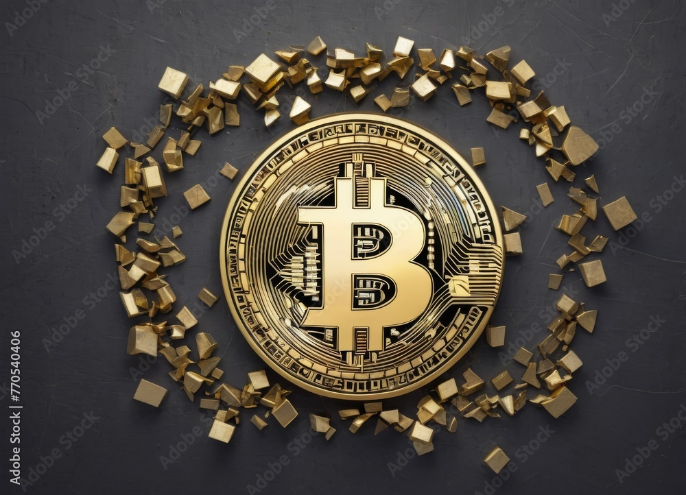 Poster a striking visualization of bitcoin's symbol in a state of disintegration, capturing the unpredictab