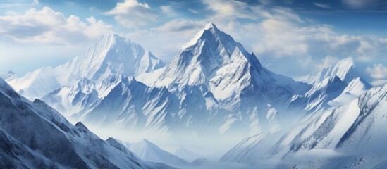 A natural landscape painting featuring a snowy mountain with a blue sky background, showcasing a beautiful mountain range and fluffy white clouds