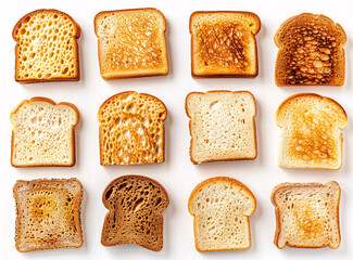 A set of toasts isolated on a white background in a top view. The toasts are of different types and sizes with various textures and colors. The is realistic with and high details. It is a stock with