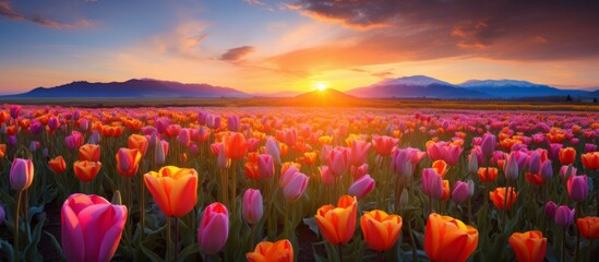 A field of colorful tulips under a sunset sky, with mountains in the background. The orange...