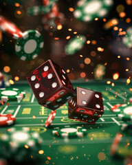 A pair of red dice are falling from the air on a green table - 770540895