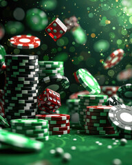 A pile of green, red and black chips and dice on a green table - 770540898