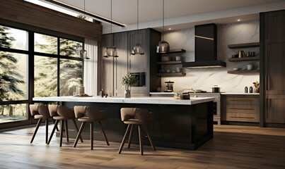 3d rendering of a modern kitchen interior design in a loft style